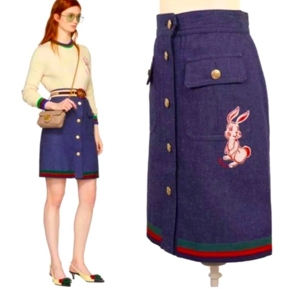 GUCCI skirt rabbit bunny embroidered striped denim button skirt mini 38